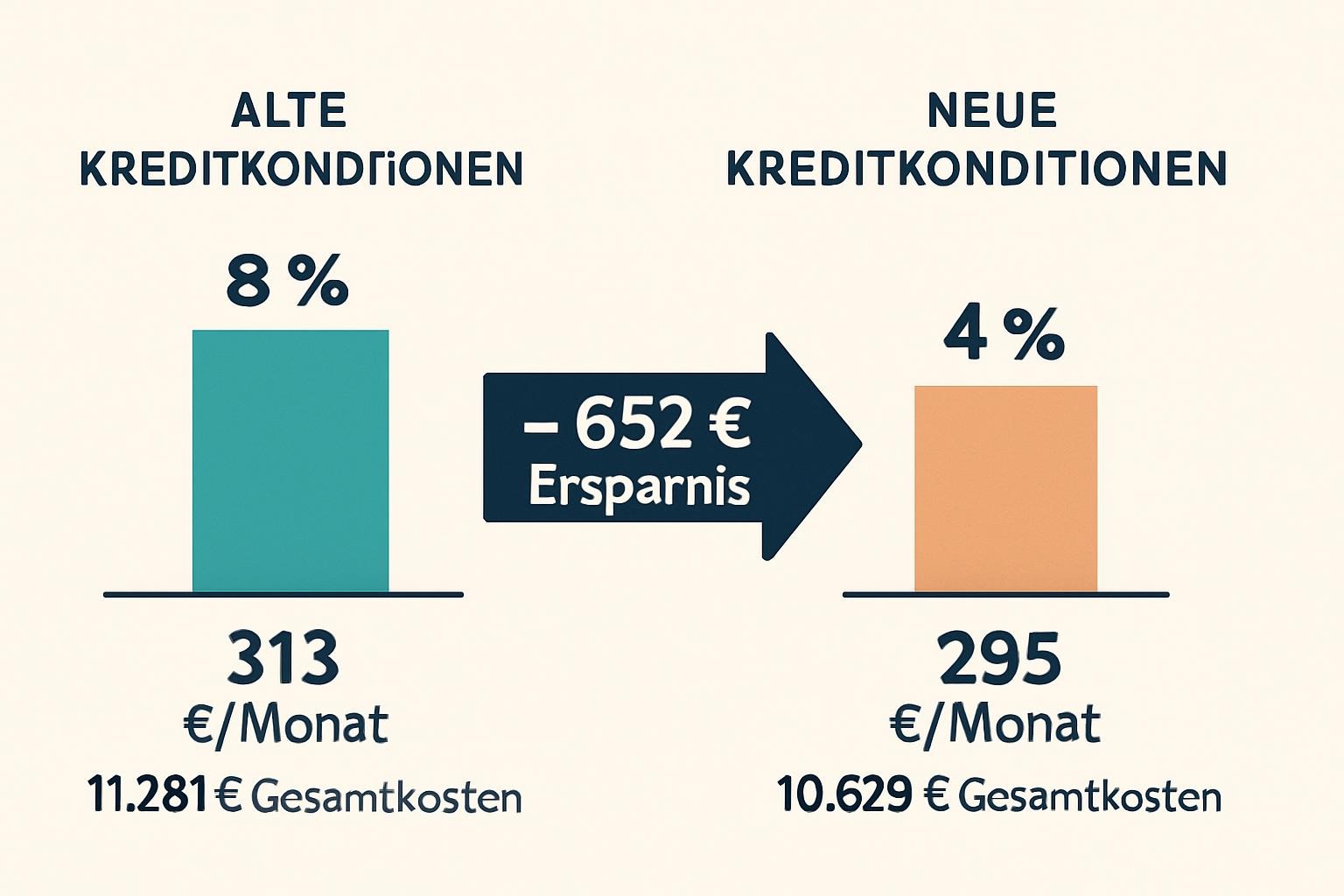Infografik zeigt alte Kreditkonditionen mit 8 % Zinsen und 313 € Monatsrate links, neue Kreditkonditionen mit 4 % Zinsen und 295 € Monatsrate rechts, mittig Pfeil mit Ersparnis von 652 €, visualisiert Kostenvergleich bei Umschuldung.