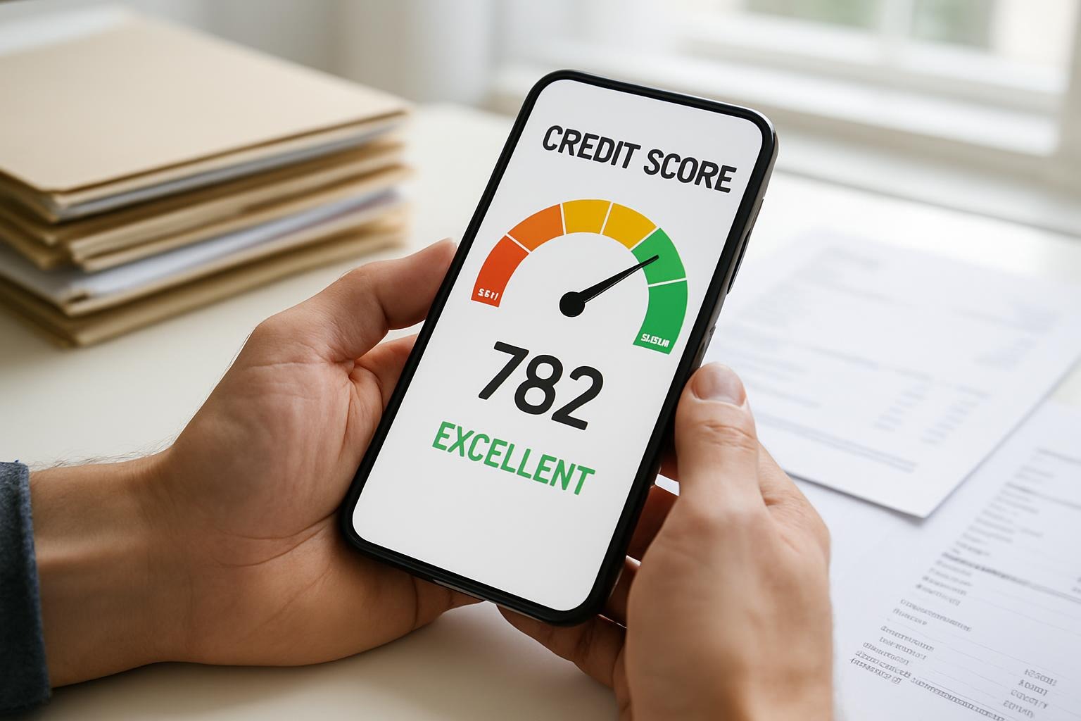 Hände halten Smartphone mit sichtbarem Bonitätsscore, Akten und Rechnungen im Hintergrund.