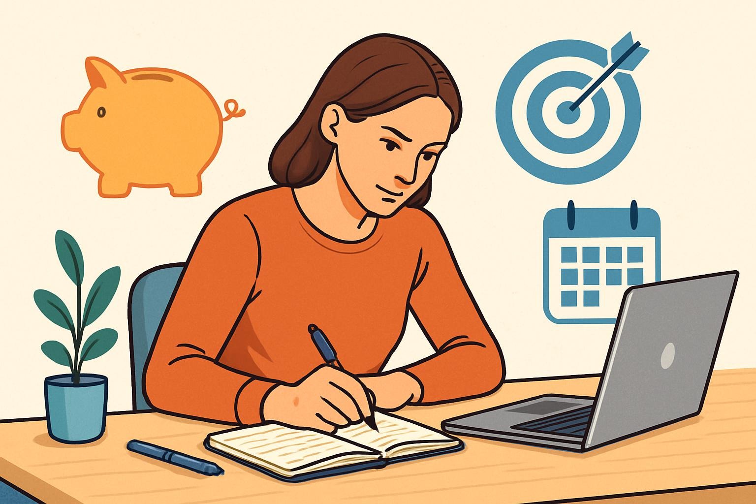 Person arbeitet fokussiert an finanziellen Zielen mit Notizbuch und Laptop – Schritt-für-Schritt Routinen für langfristigen Erfolg