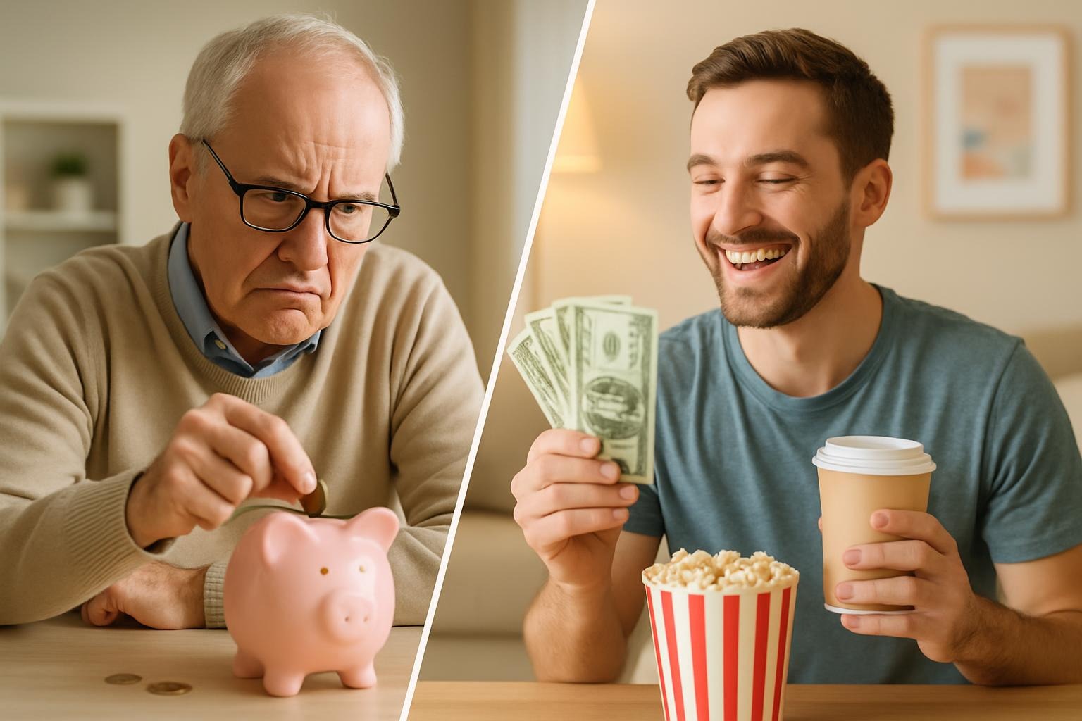 Fotorealistisches Bild für gesunde Balance beim Geld: Diagonal geteiltes Bild zeigt auf der linken Seite Sparzwang mit Sparschwein, auf der rechten Seite bewussten Konsum mit Freizeitaktivitäten, symbolisiert die Balance zwischen Sparen und Ausgeben.Sparen ohne zu übertreiben – Balance zwischen Vorsorge und Genuss