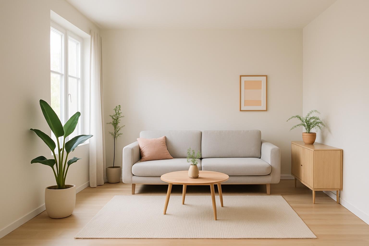 Minimalistisches Wohnzimmer mit wenig Möbeln und hellen Farben – Symbol für Minimalismus im Alltag