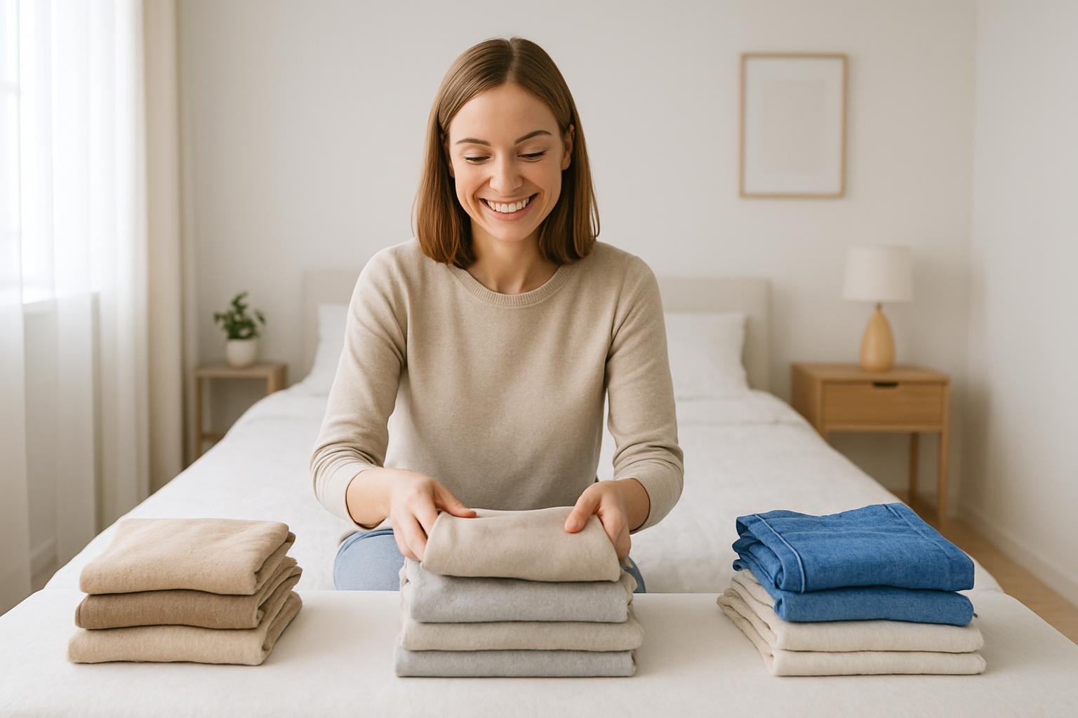Frau sortiert Kleidung in drei Stapel in einem minimalistischen Schlafzimmer – Mini-Story Lea zum Entrümpeln