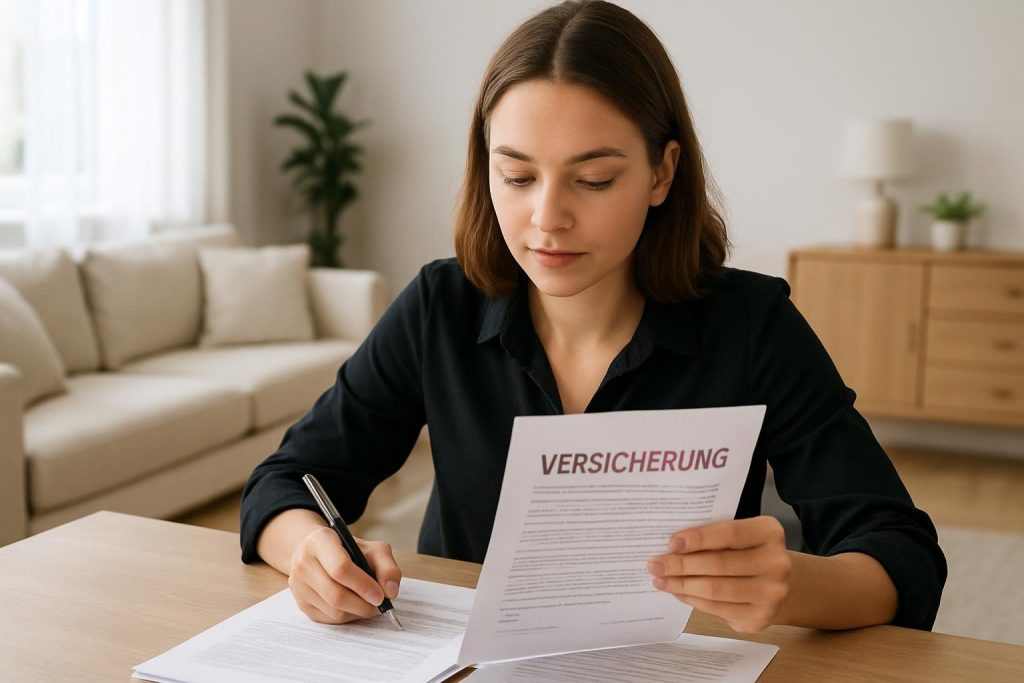 Junge Frau unterschreibt Haftpflichtversicherungsvertrag am Tisch, – Alltagssituation zum Thema Versicherung und finanzieller Schutz.
