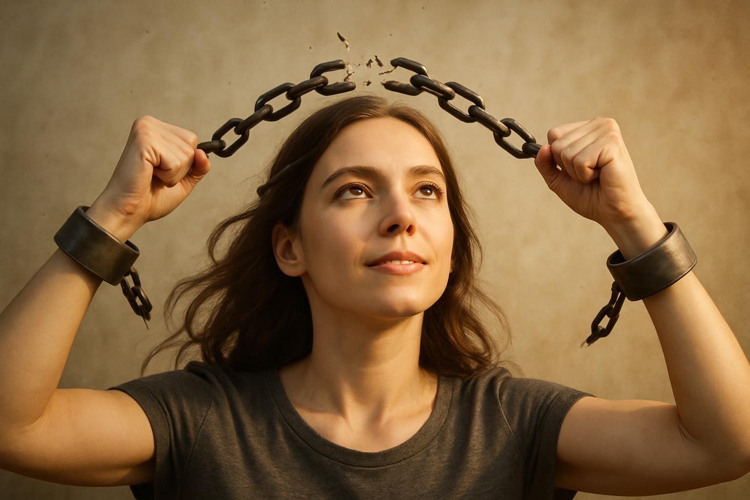 Person sprengt symbolisch gedankliche Fesseln und entwickelt ein gesundes Geld-Mindset