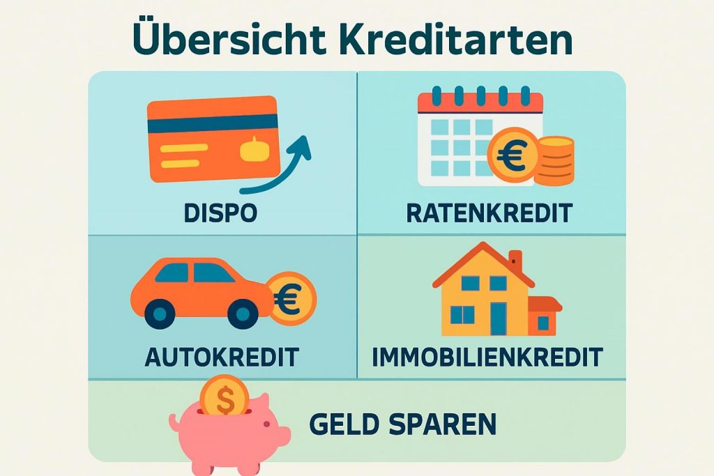 Übersicht Kreditarten: Dispo, Ratenkredit, Autokredit, Immobilienkredit – clever Geld sparen
