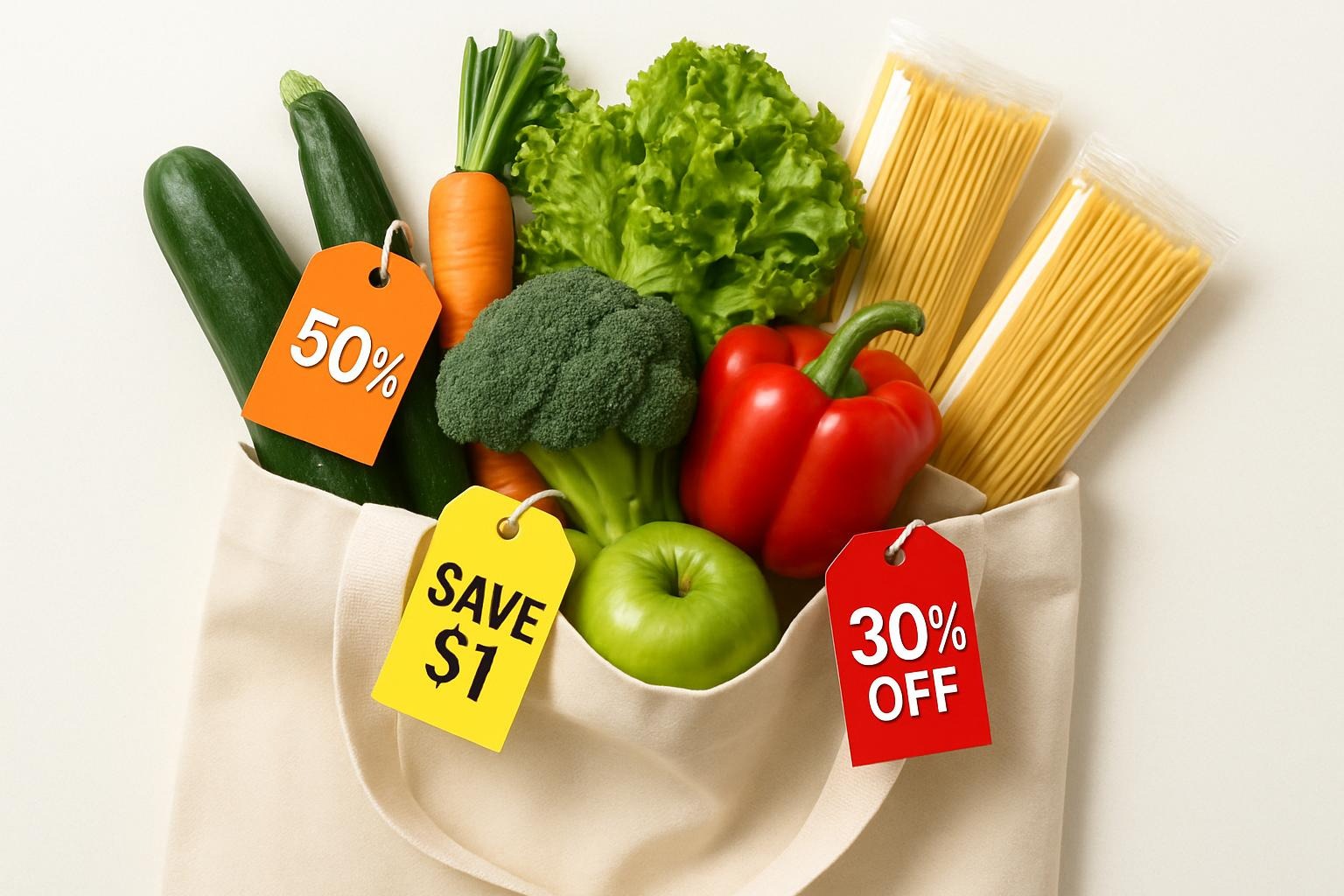 Nachhaltige Einkaufstasche mit Lebensmitteln und Preisschildern als Symbol für Spartipps im Supermarkt.