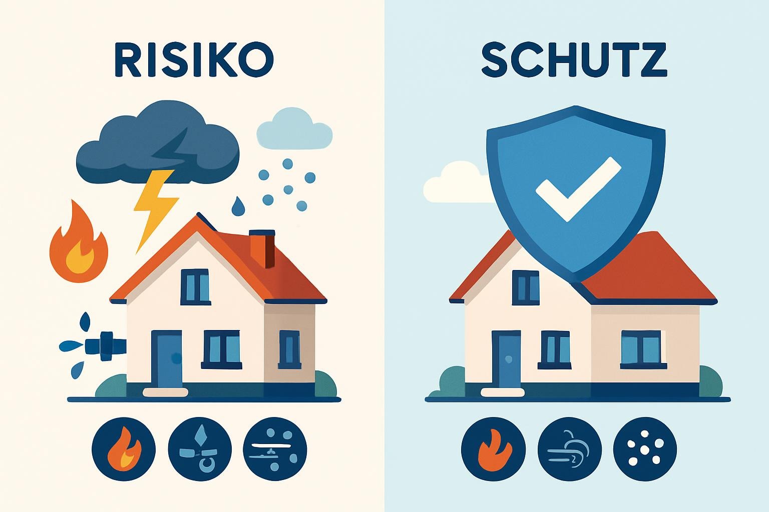 Vorher-Nachher-Illustration: links Haus mit Risiken wie Sturm, Blitz, Rohrbruch und Hagel, rechts dasselbe Haus mit Schutzschild – symbolische Darstellung des Schutzes durch Wohngebäudeversicherung mit Elementarschutz.
