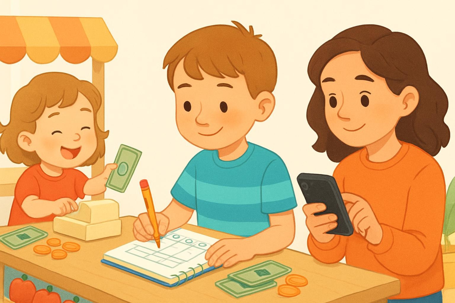 Kinder unterschiedlichen Alters lernen spielerisch den Umgang mit Geld: Kleinkind mit Spielgeld, Grundschulkind plant Taschengeld, Teenager nutzt Smartphone für Budget, freundliche und pädagogische Illustration.