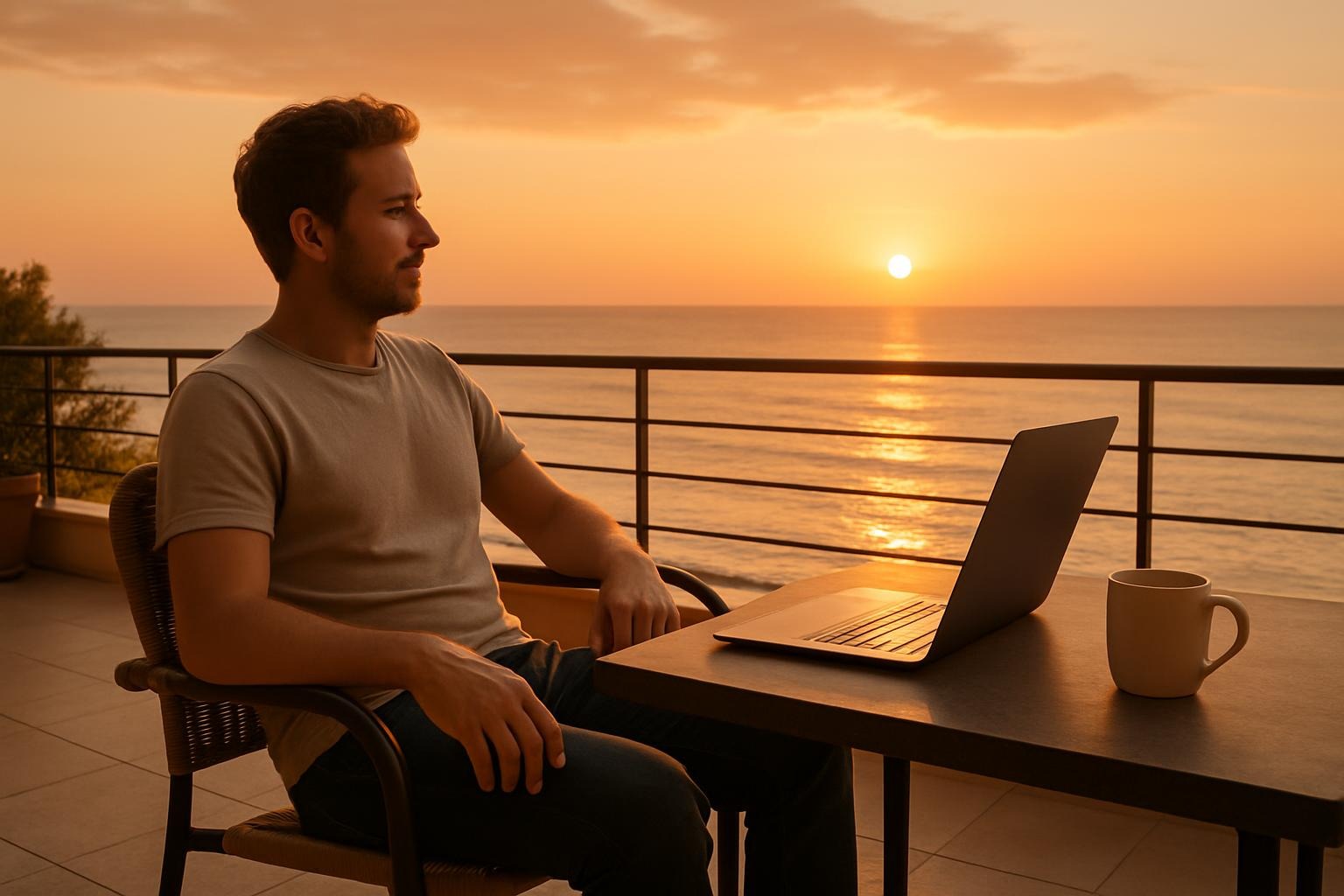 Realistisches Beitragsbild FIRE Bewegung – entspannte Person genießt finanzielle Freiheit und frühe Rente am Meer