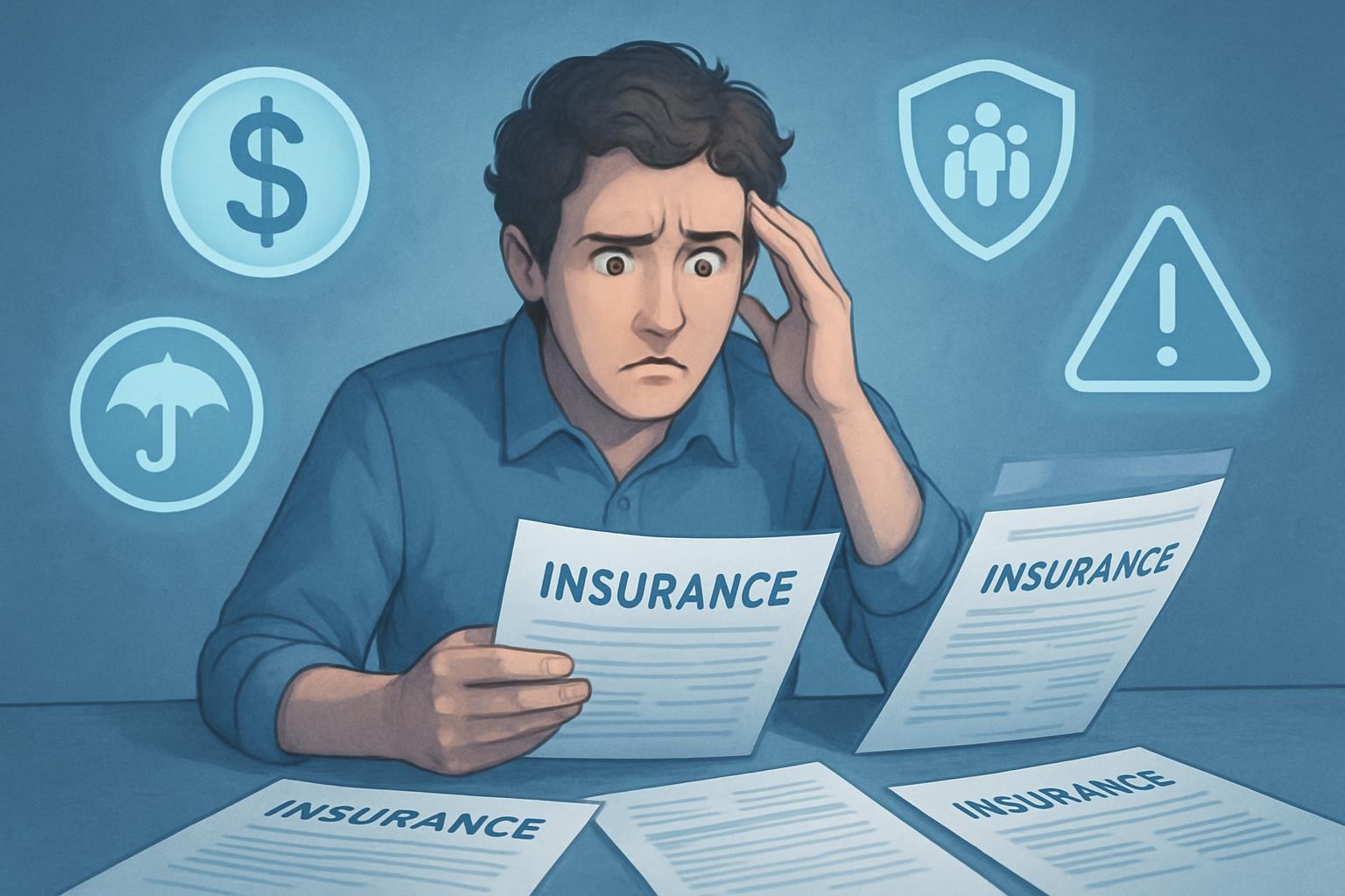 Person überfordert von Versicherungsunterlagen – Symbolbild für unnötige Verträge und Versicherungsfallen.