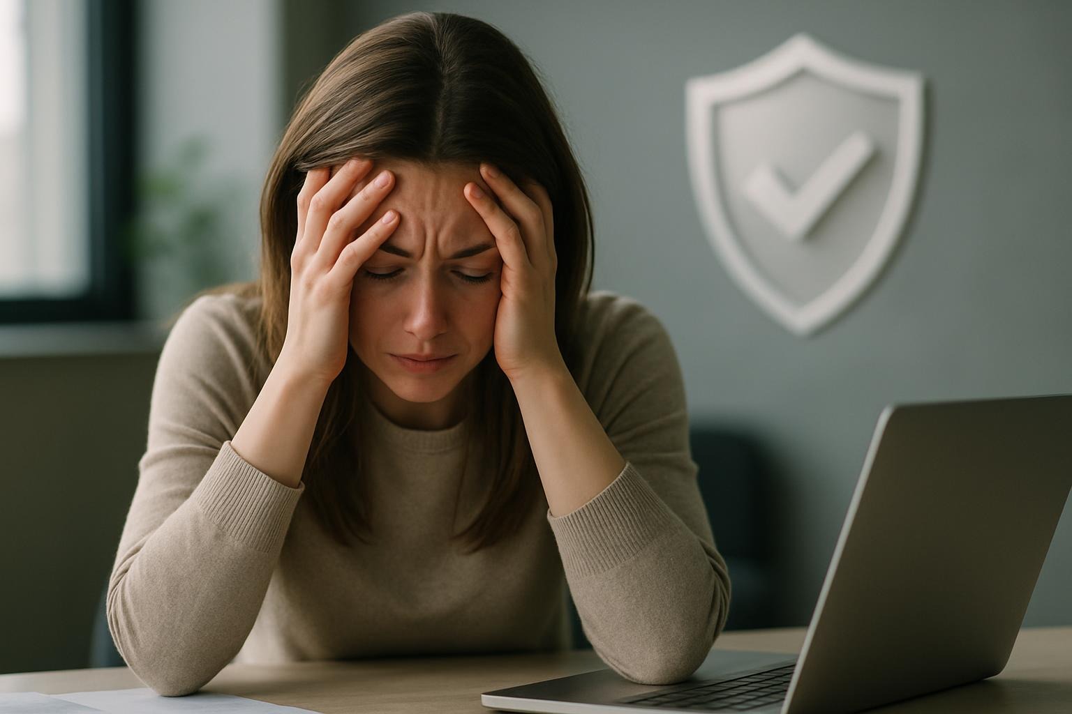 Ultra realistisches Symbolbild: erschöpfte junge Frau am Arbeitsplatz mit Kopf in den Händen, im Hintergrund Schutzschild als Zeichen für Berufsunfähigkeitsversicherung.