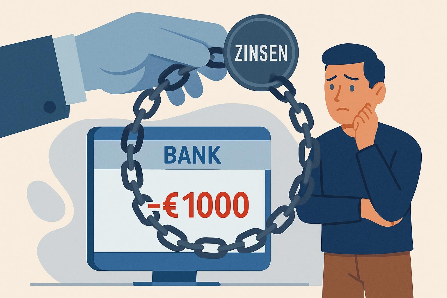 Illustration eines Menschen, der im Dispo-Kredit steckt und von einem Teufelskreis aus Schulden und hohen Zinsen umgeben ist.