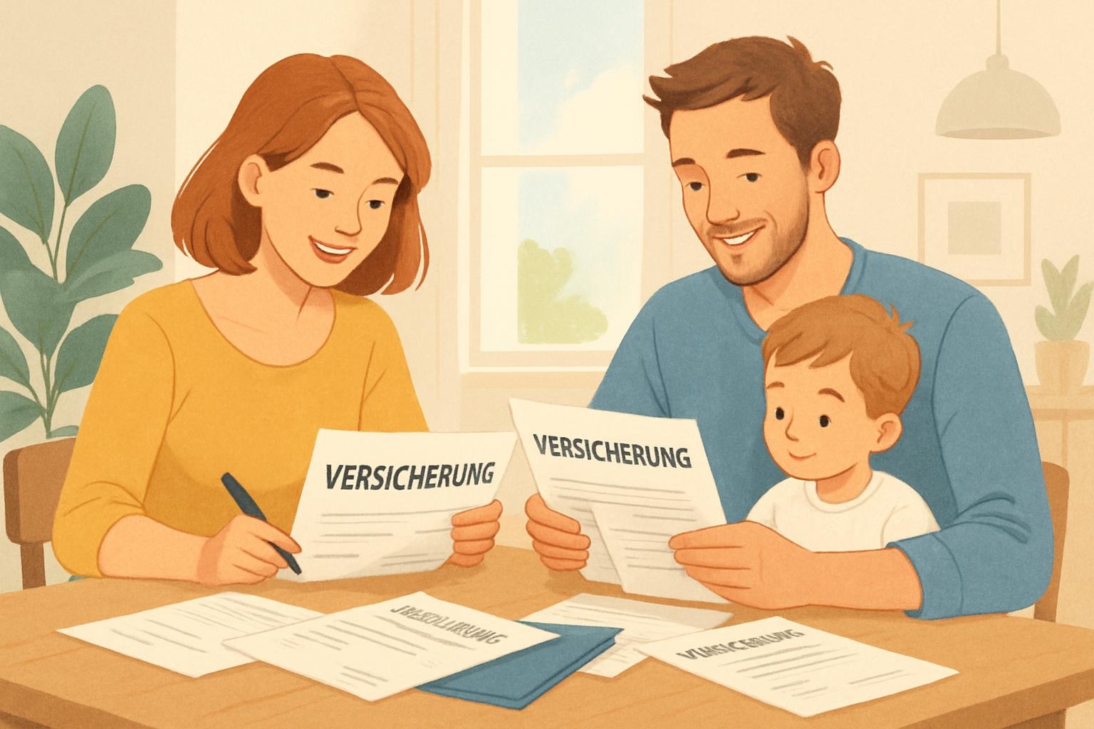 Junge Familie sortiert Versicherungsunterlagen – Symbol für das Bündeln von Hausrat-, Haftpflicht- und Rechtsschutzversicherung.