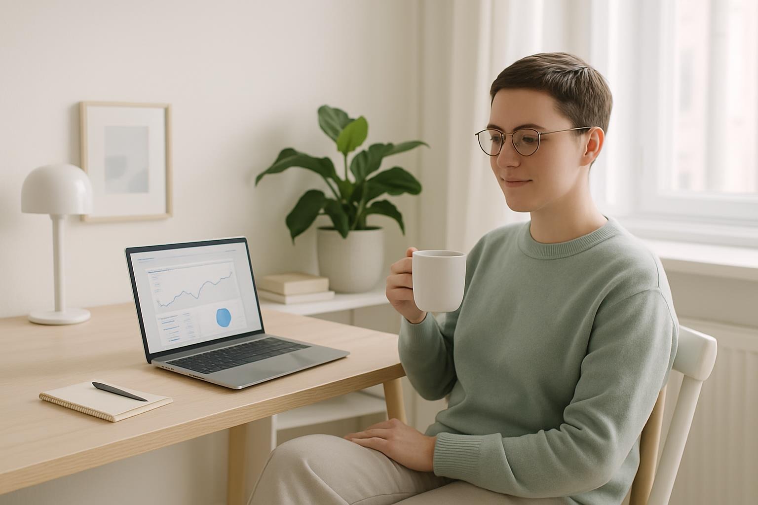 Person entspannt beim Online-Banking – Systeme statt Willenskraft beim Sparen – automatisiertes Finanzsystem in heller Umgebung