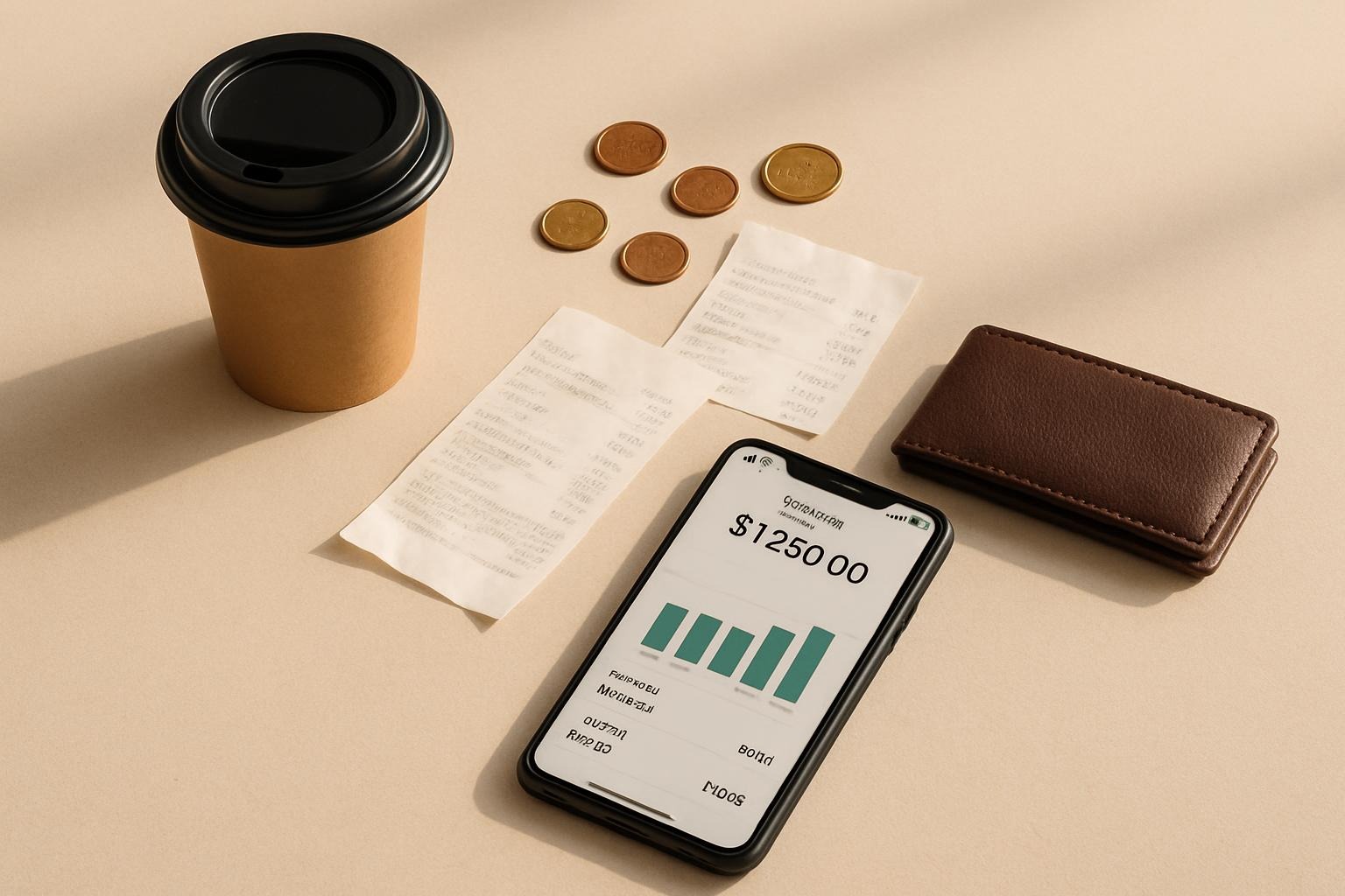 Alltagsgegenstände wie Kaffee, Münzen und Smartphone symbolisieren Mikro-Ausgaben und zeigen, wie kleine Beträge das Budget beeinflussen.