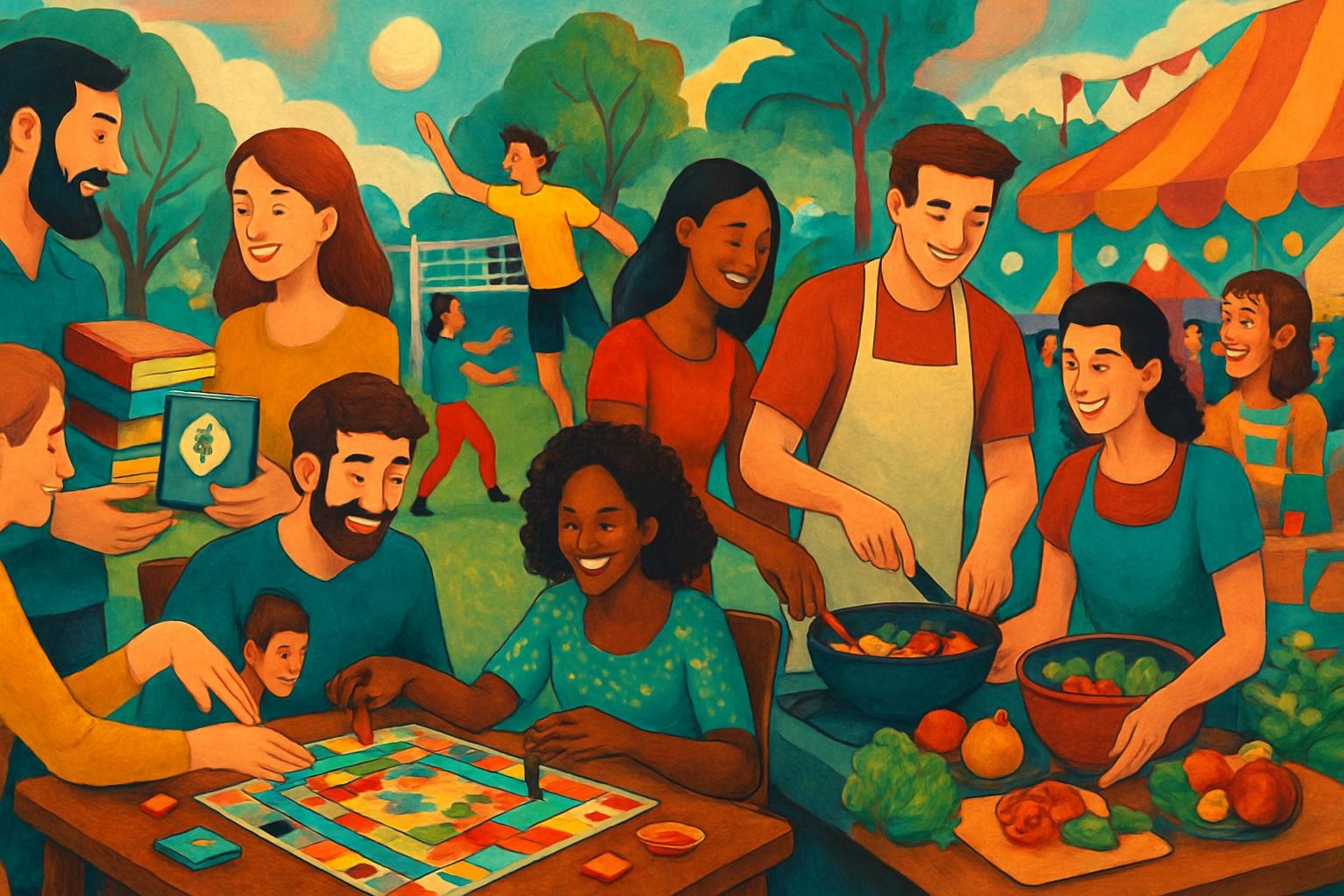 Bunte Collage aus sozialen Freizeitaktivitäten: Spieleabend, Tauschparty, gemeinsames Kochen, Outdoor-Spiele im Park und Nachbarschaftsevents – kreative und günstige Freizeitgestaltung